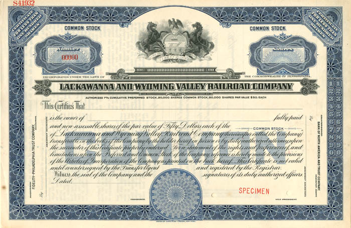 Lackawanna and Wyoming Valley Railroad Co. - Specimen Certificate